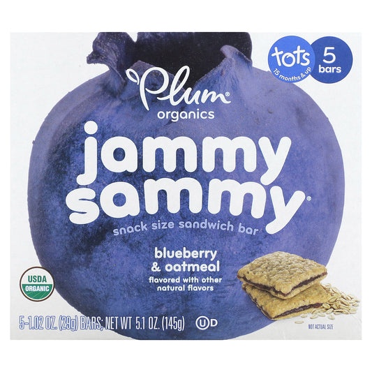 Plum Organics, Jammy Sammy, Snack Size Sandwich Bar, 15 Months & Up, Blueberry & Oatmeal, 5 Bars, 1.02 oz (29 g) Each