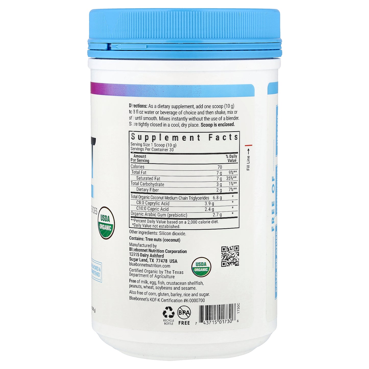 Bluebonnet Nutrition, Organic MCT Powder, Unflavored, 10.58 oz (300 g)