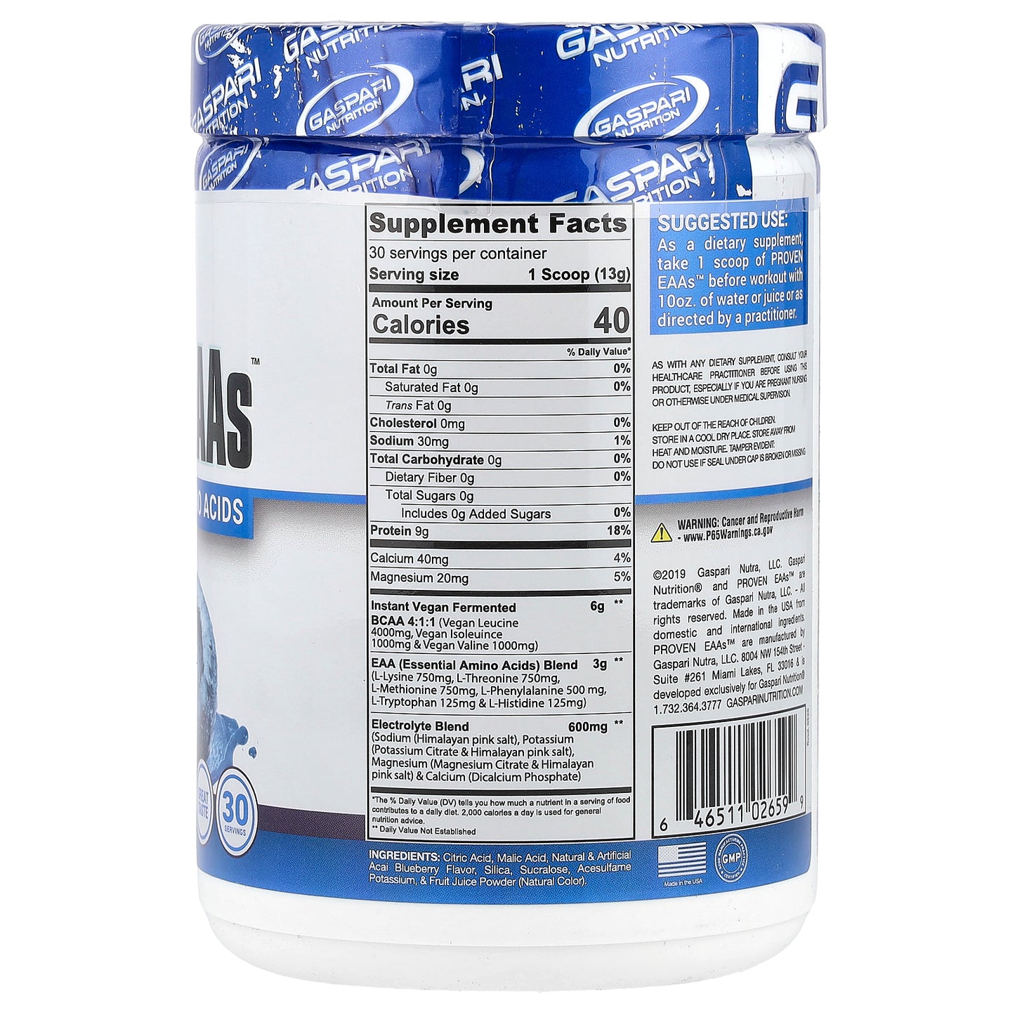 Gaspari Nutrition, Proven EAAs™ with 9 Essential Amino Acids, Blueberry Acai, 13.75 oz (390 g)