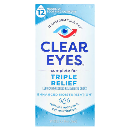 Clear Eyes, Triple Relief, Lubricant/Redness Reliever Eye Drops, 0.5 fl oz (15 ml)