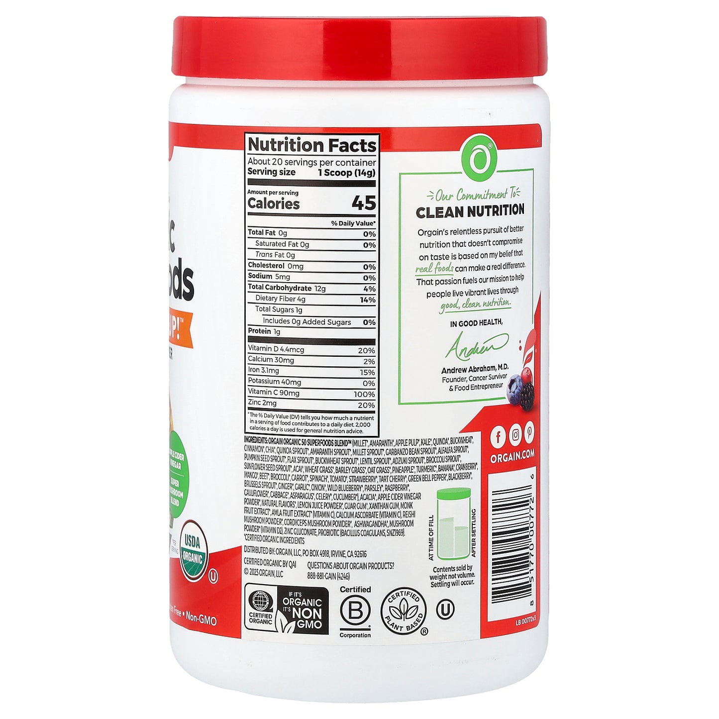 Orgain, Organic Superfoods + Immunity Up™, Plant-Based, Honeycrisp Apple, 9.9 oz (280 g)