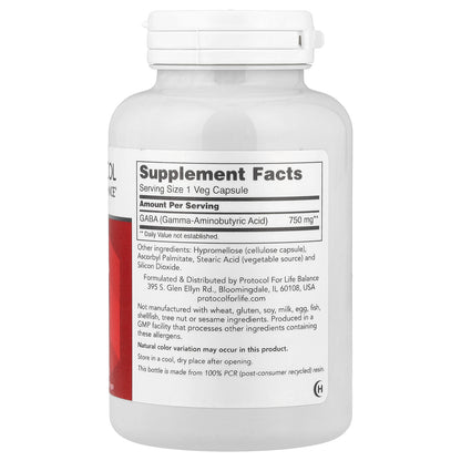 Protocol for Life Balance, GABA, 750 mg, 120 Veg Capsules