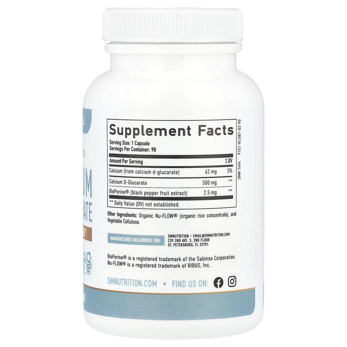 SMNutrition, Calcium D-Glucarate + BioPerine®, 90 Capsules