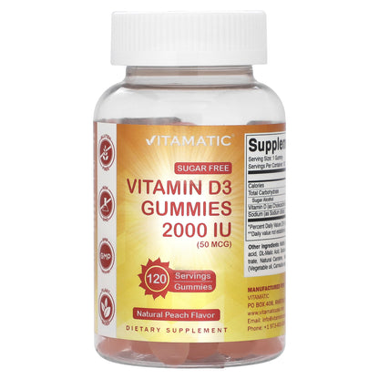 Vitamatic, Vitamin D3 Gummies, Natural Peach Flavor, 2,000 IU (50 mcg), 120 Gummies