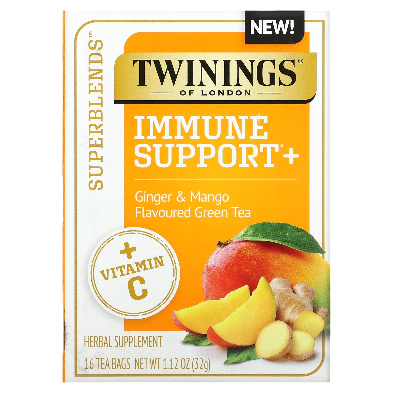 Twinings, Immune Support+ Green Tea, Ginger & Mango, 16 Tea Bags, 1.12 oz (32 g)