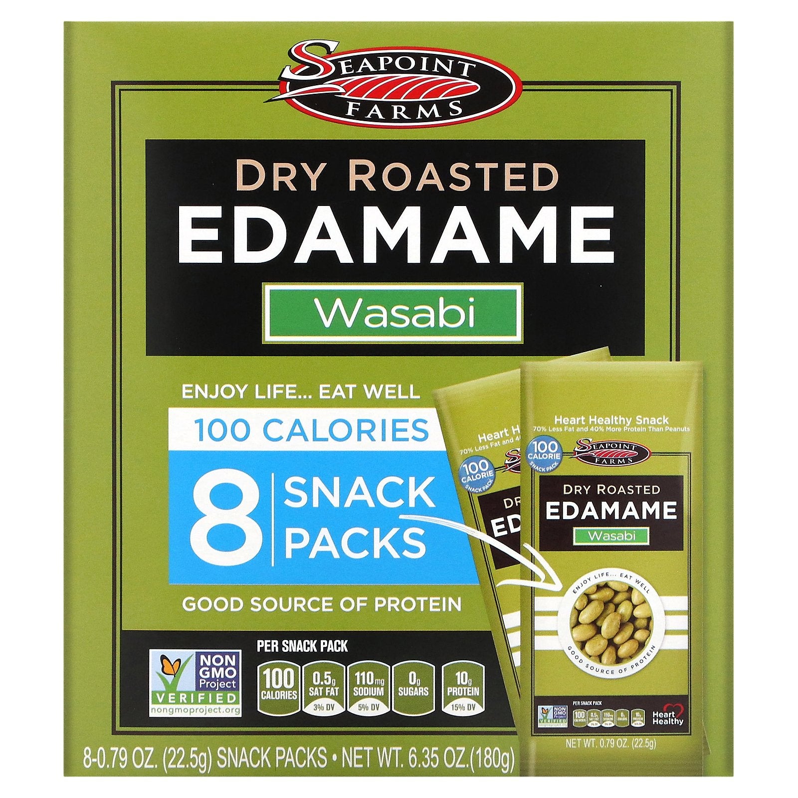 Seapoint Farms, Dry Roasted Edamame, Wasabi, 8 Snack Packs, 0.79 oz (22.5 g) Each