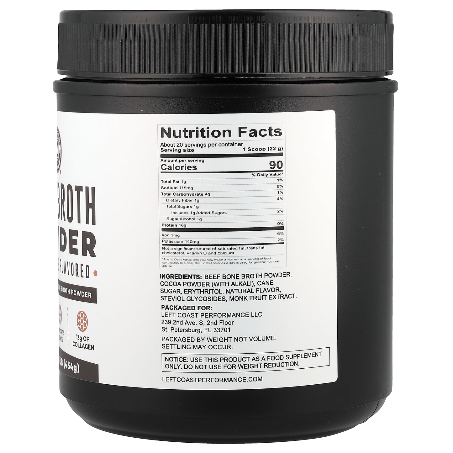 Left Coast Performance, Bone Broth Powder, Chocolate, 1 lb (454 g)