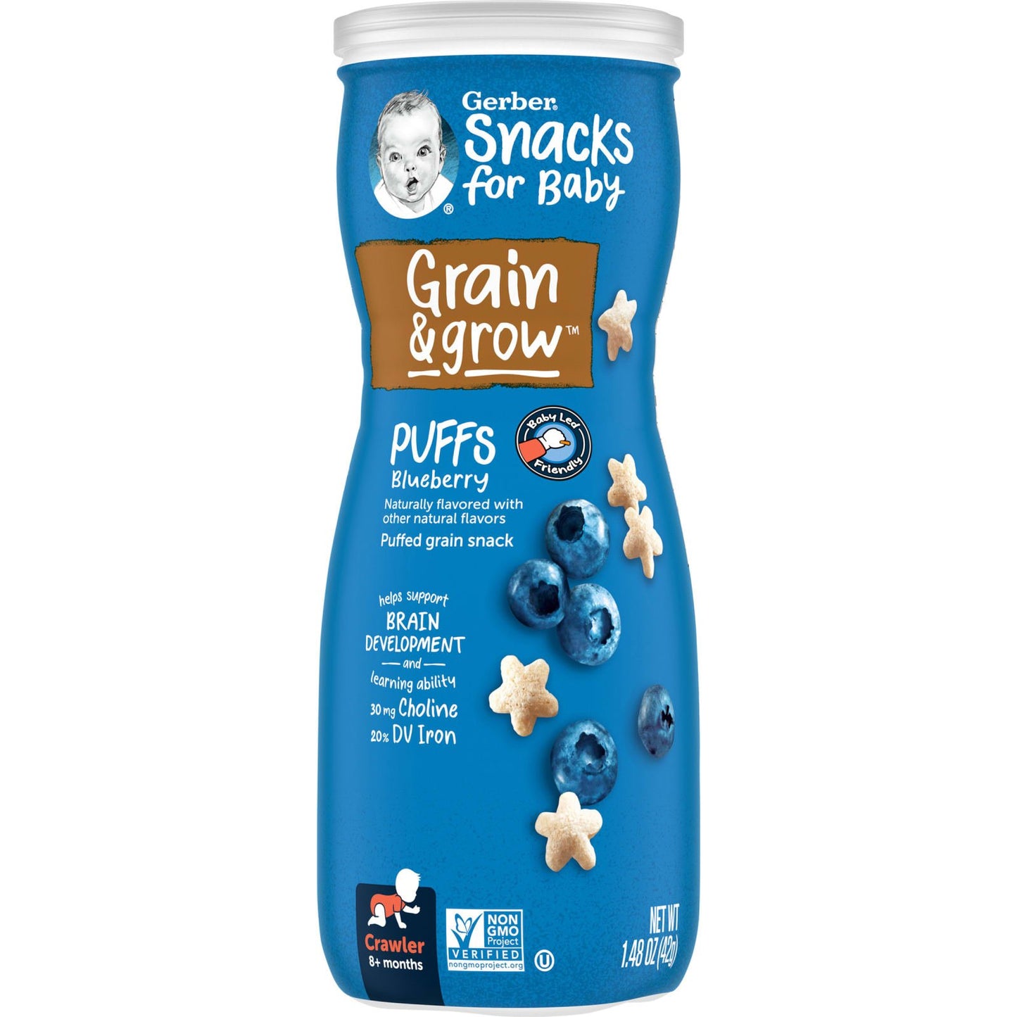 Gerber, Snacks for Baby, Grain & Grow, Puffs, Puffed Grain Snack, 8+ Months, Blueberry, 1.48 oz (42 g)