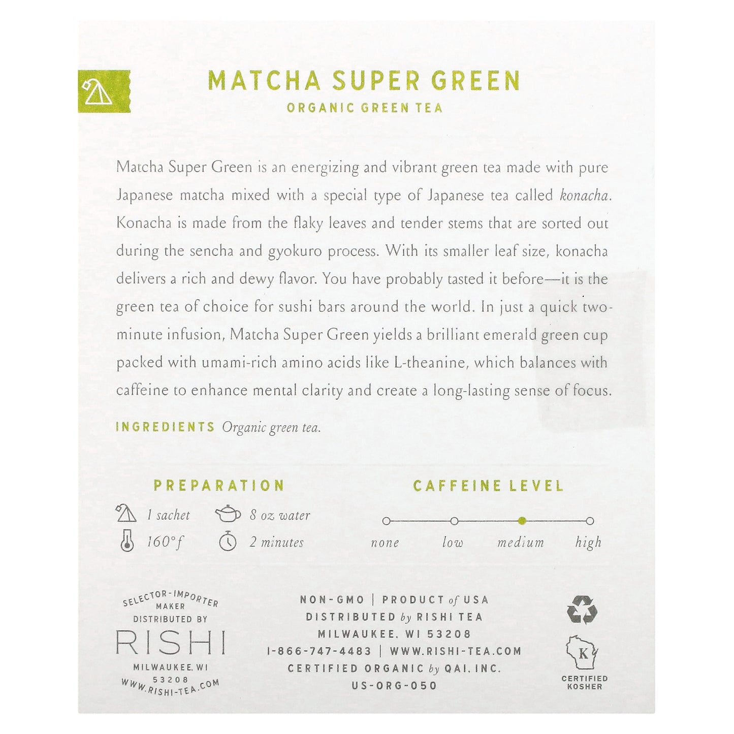 Rishi Tea, Organic Green Tea, Matcha Super Green, 15 Sachets, 1.32 oz (37.5 g)