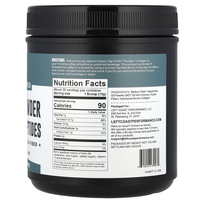Left Coast Performance, MCT Oil Powder Collagen Peptides with Prebiotic Acacia Fiber, Unflavored, 1 lb (454 g)