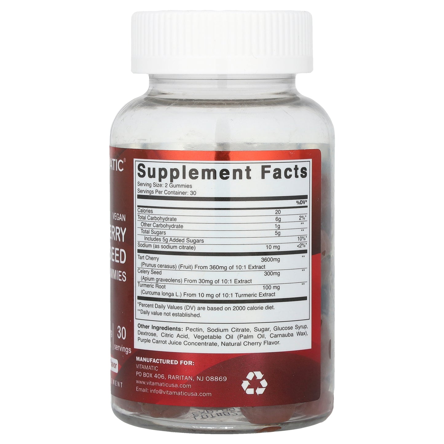Vitamatic, Vegan, Tart Cherry Celery Seed Turmeric Gummies, Natural Cherry, 60 Gummies