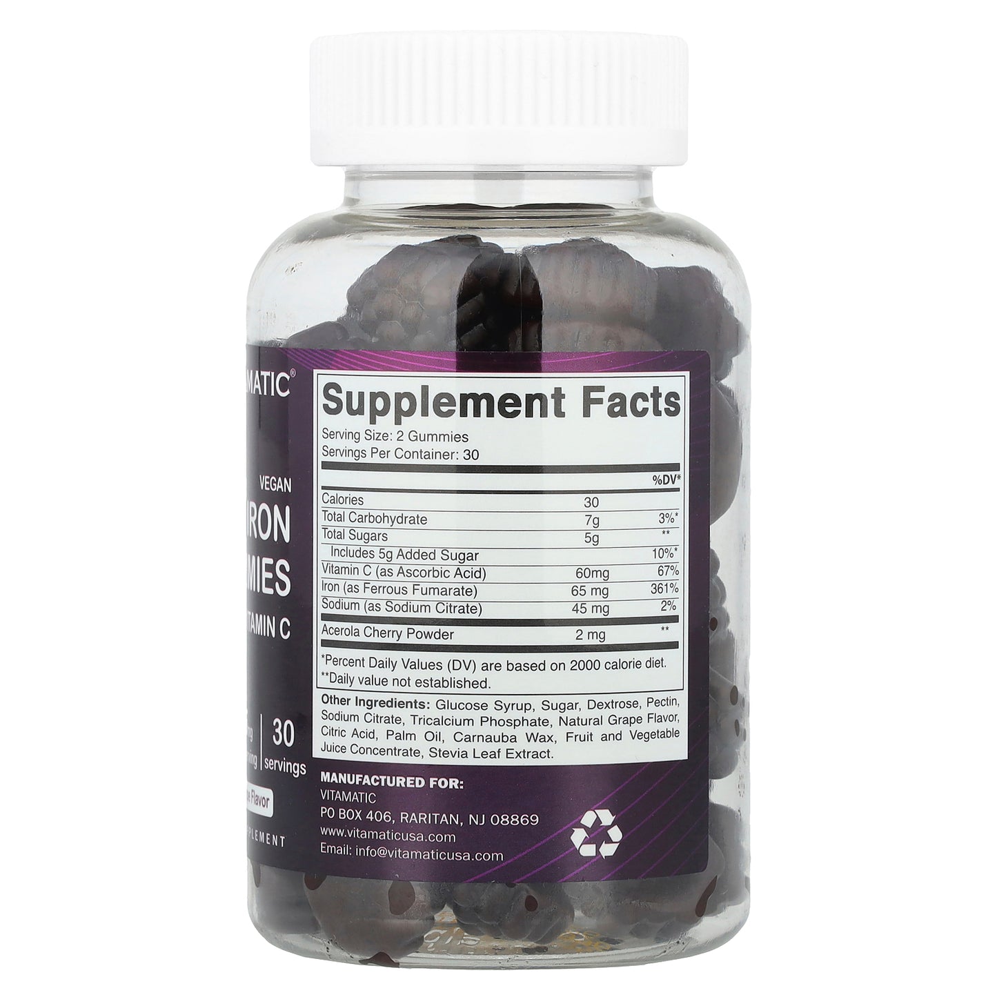 Vitamatic, Vegan Iron Gummies With Vitamin C, Natural Grape, 60 Gummies