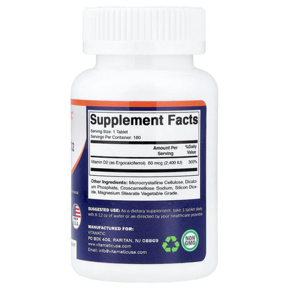 Vitamatic, Vegan Vitamin D2, 60 mcg (2,400 IU), 180 Tablets