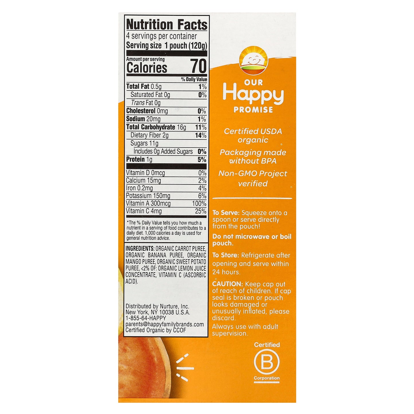 Happy Family Organics, Happy Tot®, Love My Veggies, Stage 4, Organic Carrots, Bananas, Mangos & Sweet Potatoes, 4 Pouches, 4.22 oz (120 g) Each