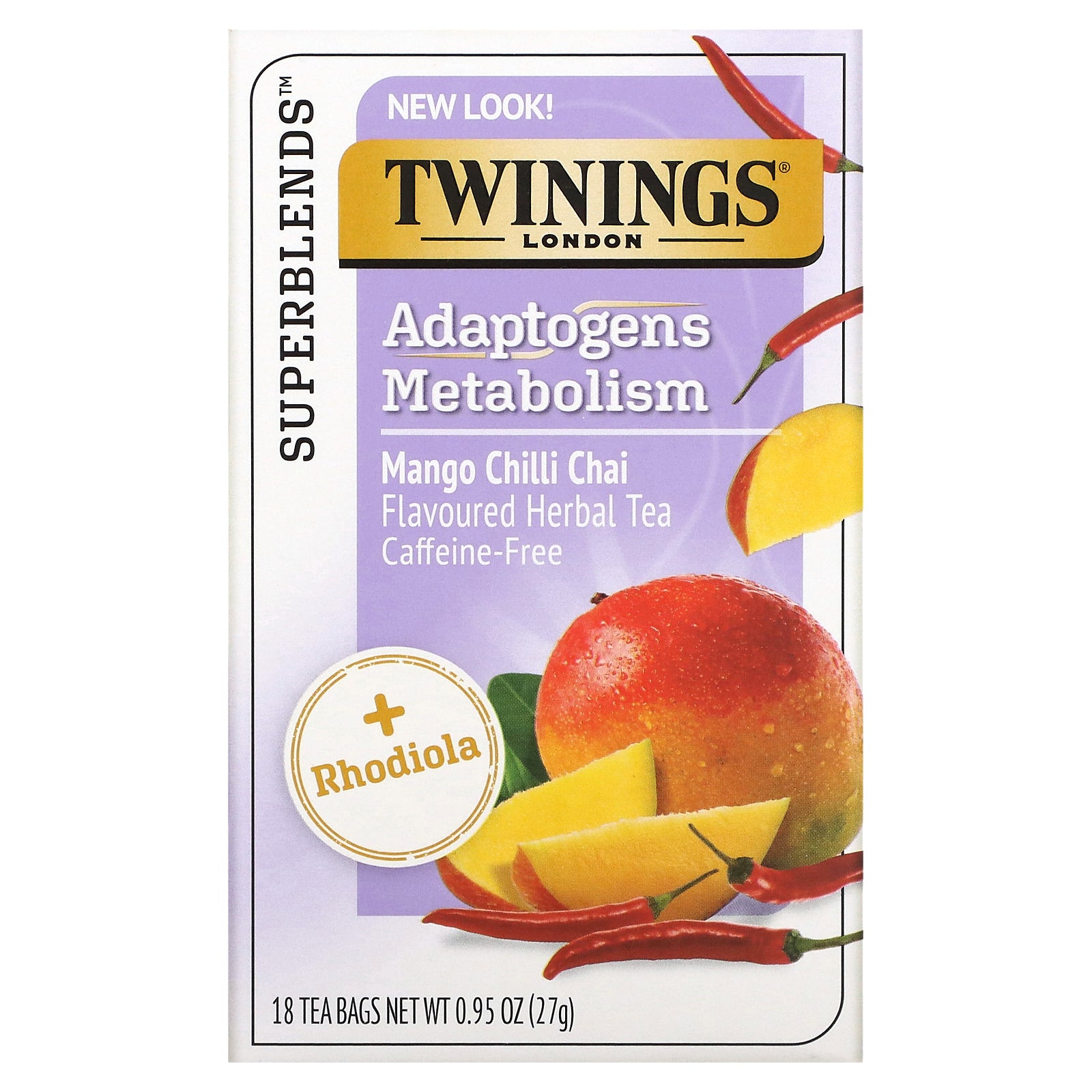 Twinings, Adaptogens Metabolism Herbal Tea, Mango Chili Chai, Caffeine Free, 18 Tea Bags, 0.95 oz (27 g)