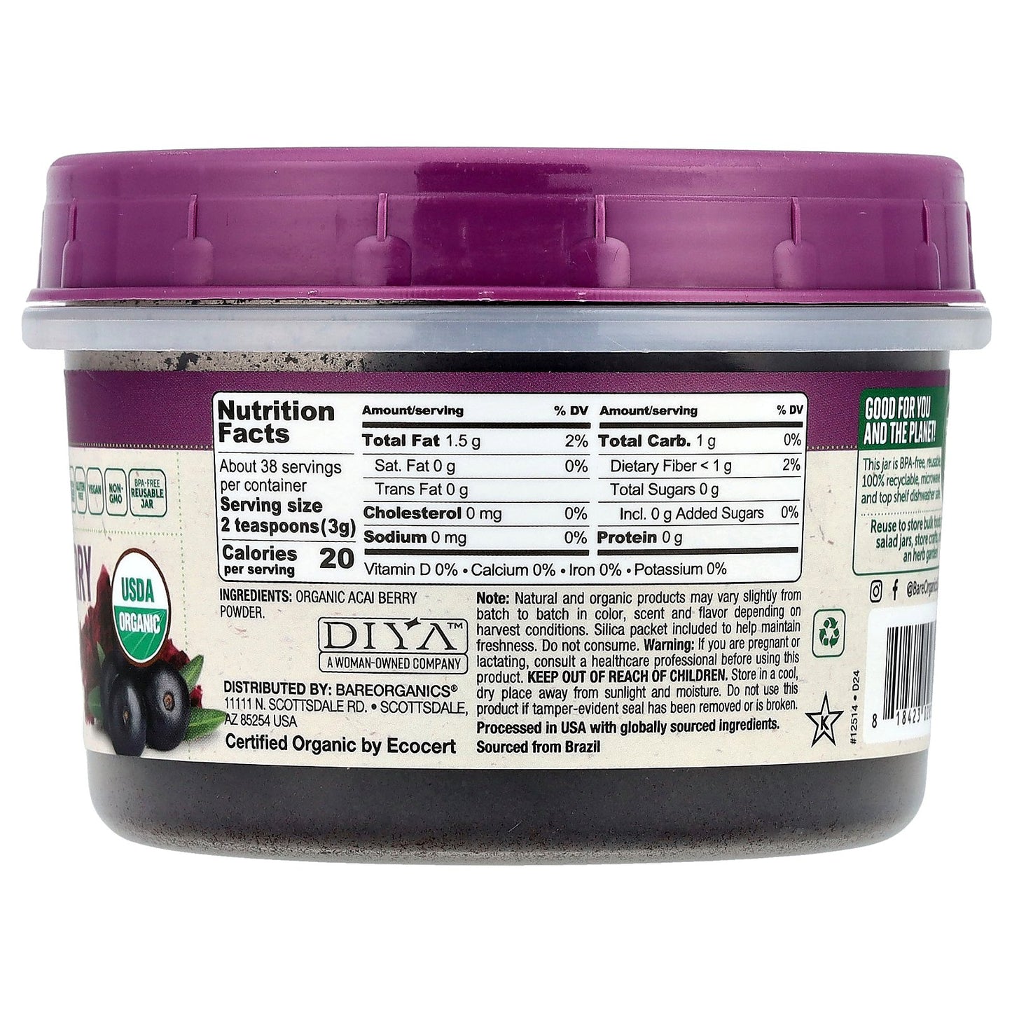 BareOrganics, Freeze-Dried Raw Organic Acai Berry Powder, 4 oz (114 g)