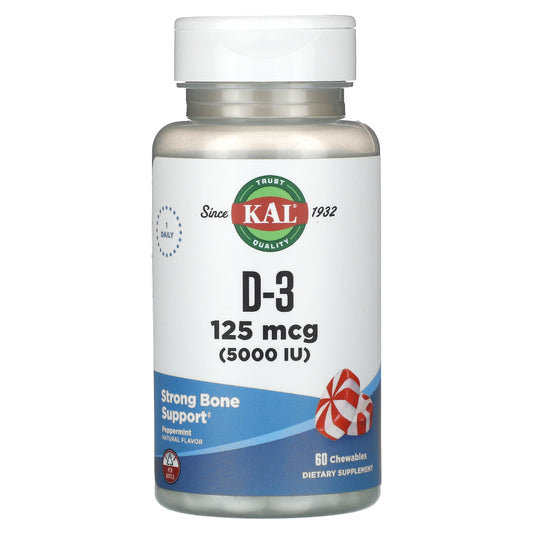 KAL, D-3, Peppermint, 125 mcg (5,000 IU), 60 Chewables