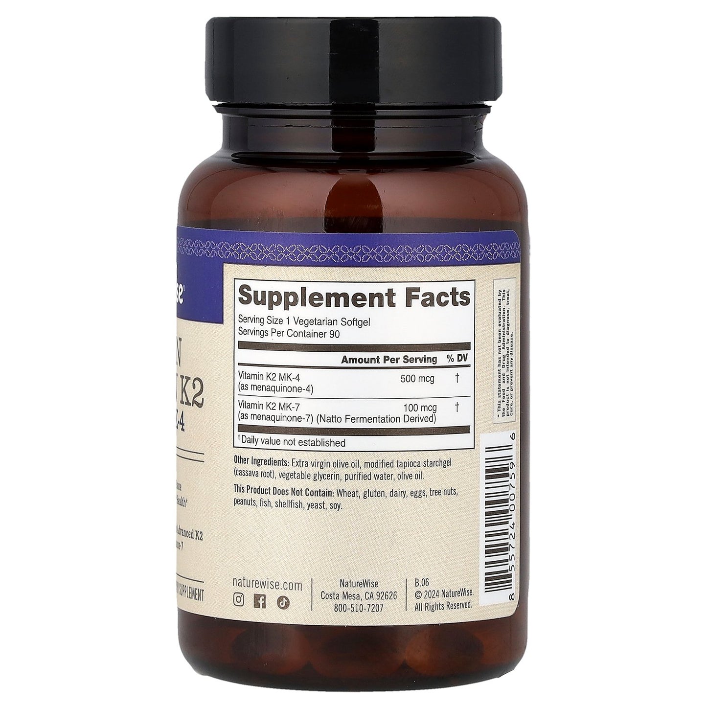 NatureWise, Vegan Vitamin K2, MK-7 & MK-4, 90 Vegetarian Softgels