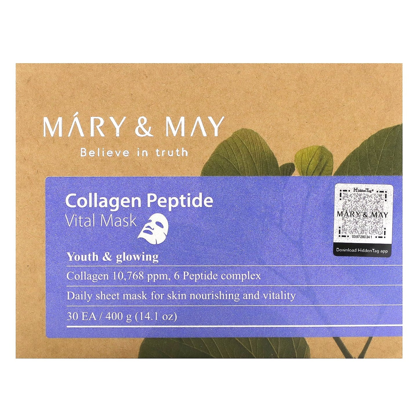 Mary & May, Collagen Peptide, Vital Beauty Mask, 30 Sheets , 14.1 oz (400 g) Each