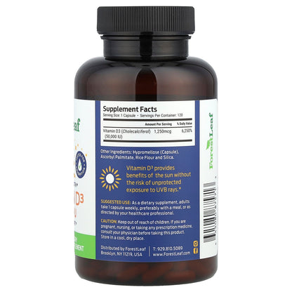 Forest Leaf, Maximum Strength, Vitamin D3, 1,250 mcg (50,000 IU), 120 Vegetable Capsules