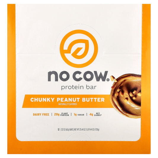 No Cow, Protein Bar, Chunky Peanut Butter, 12 Bars, 2.12 oz (60 g) Each
