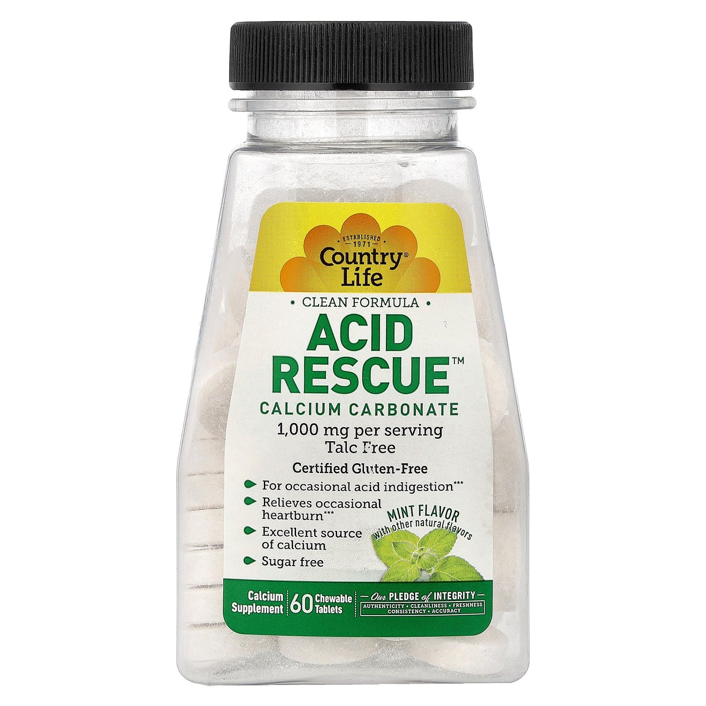 Country Life, Acid Rescue™, Calcium Carbonate, Mint, 60 Chewable Tablets