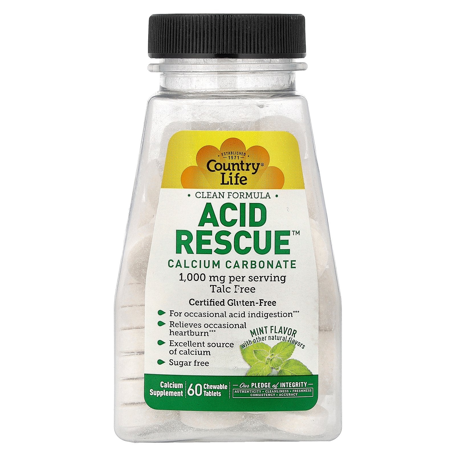 Country Life, Acid Rescue™, Calcium Carbonate, Mint, 60 Chewable Tablets