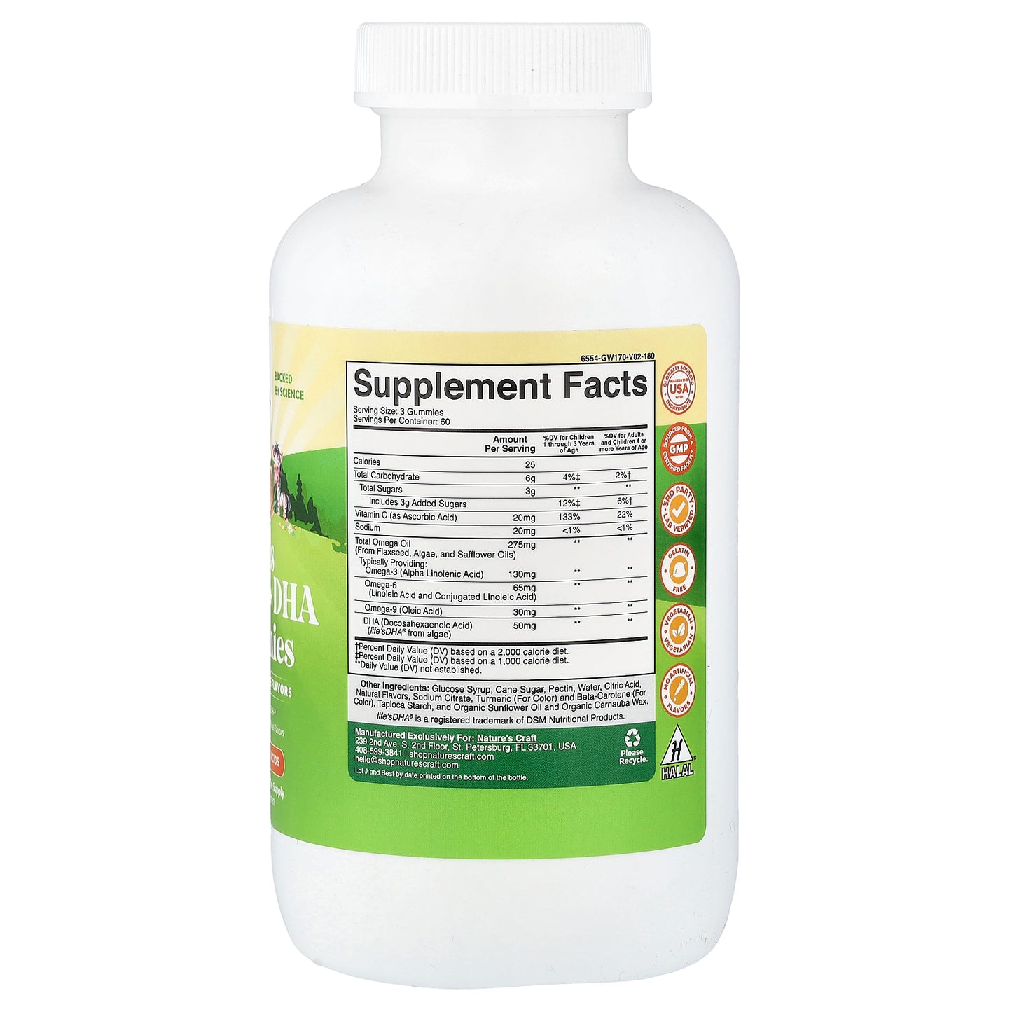 Nature's Craft, Kids Omega + DHA Gummies, Lemon & Orange, 180 Gummies