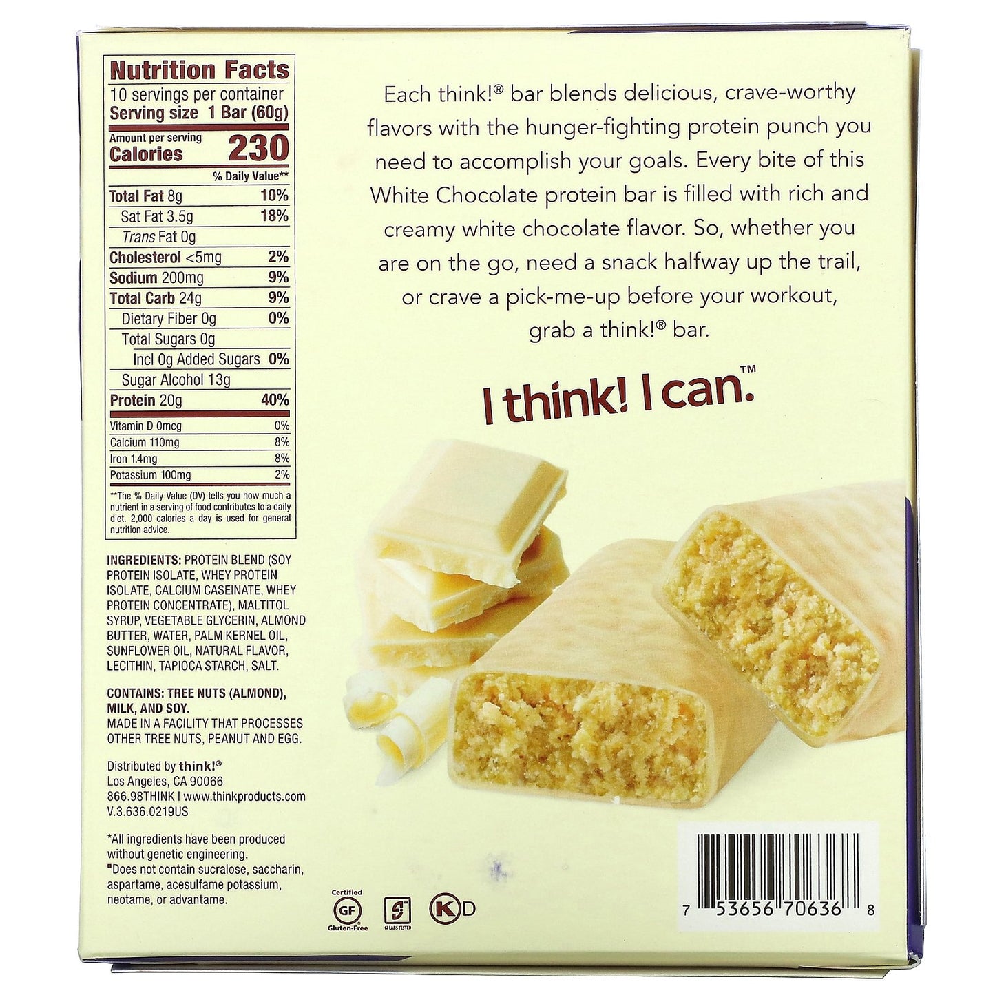 Think !, High Protein Bars, White Chocolate, 10 Bars, 2.1 oz (60 g) Each