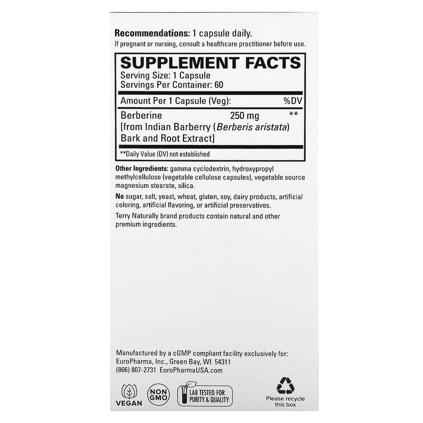 Terry Naturally, Berberine MetX, 60 Capsules (250 mg per Capsule)