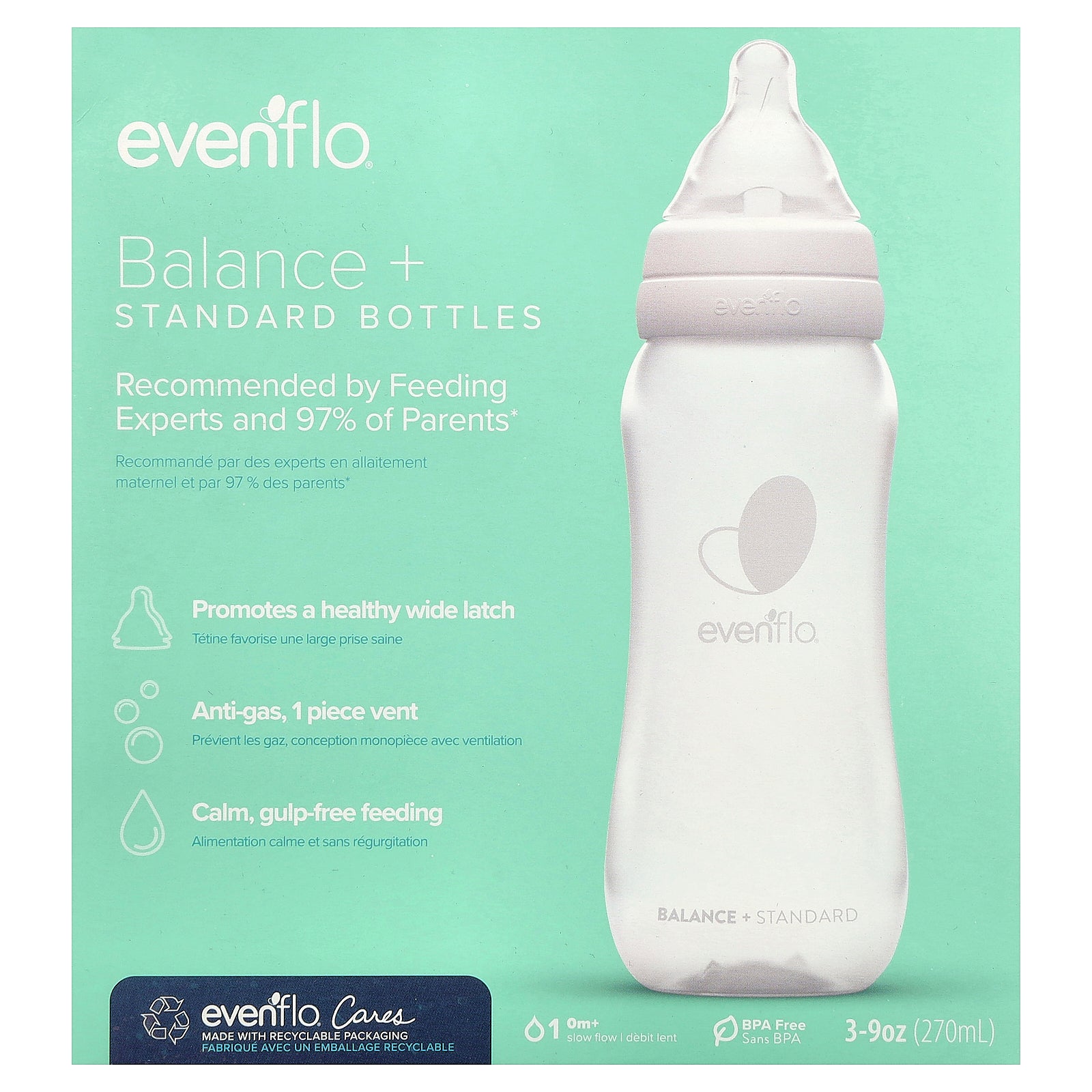 Evenflo Feeding, Balance+ Bottles, Standard, 0+ Months, Slow Flow, 3 Bottles, 9 oz (270 ml) Each