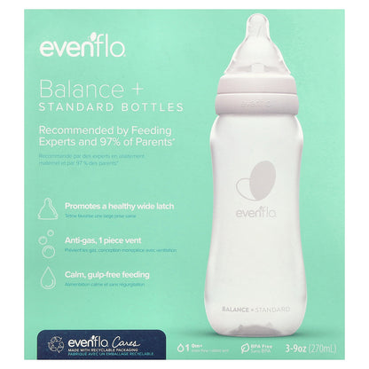Evenflo Feeding, Balance+ Bottles, Standard, 0+ Months, Slow Flow, 3 Bottles, 9 oz (270 ml) Each