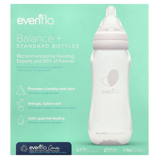 Evenflo Feeding, Balance+ Bottles, Standard, 0+ Months, Slow Flow, 3 Bottles, 9 oz (270 ml) Each