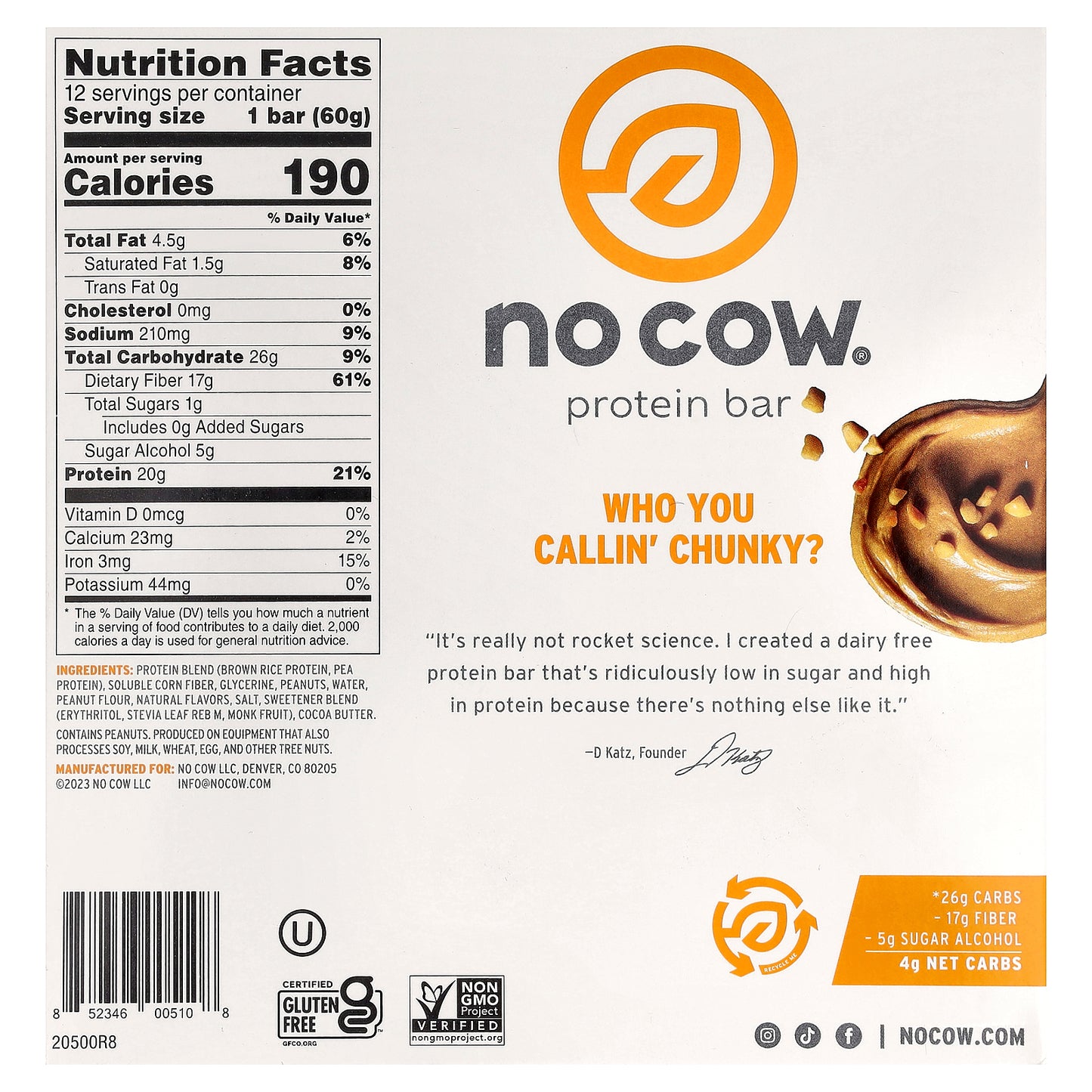 No Cow, Protein Bar, Chunky Peanut Butter, 12 Bars, 2.12 oz (60 g) Each