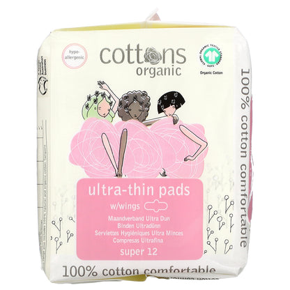 Cottons, Ultra-Thin Pads with Wings, Super, 12 Pads