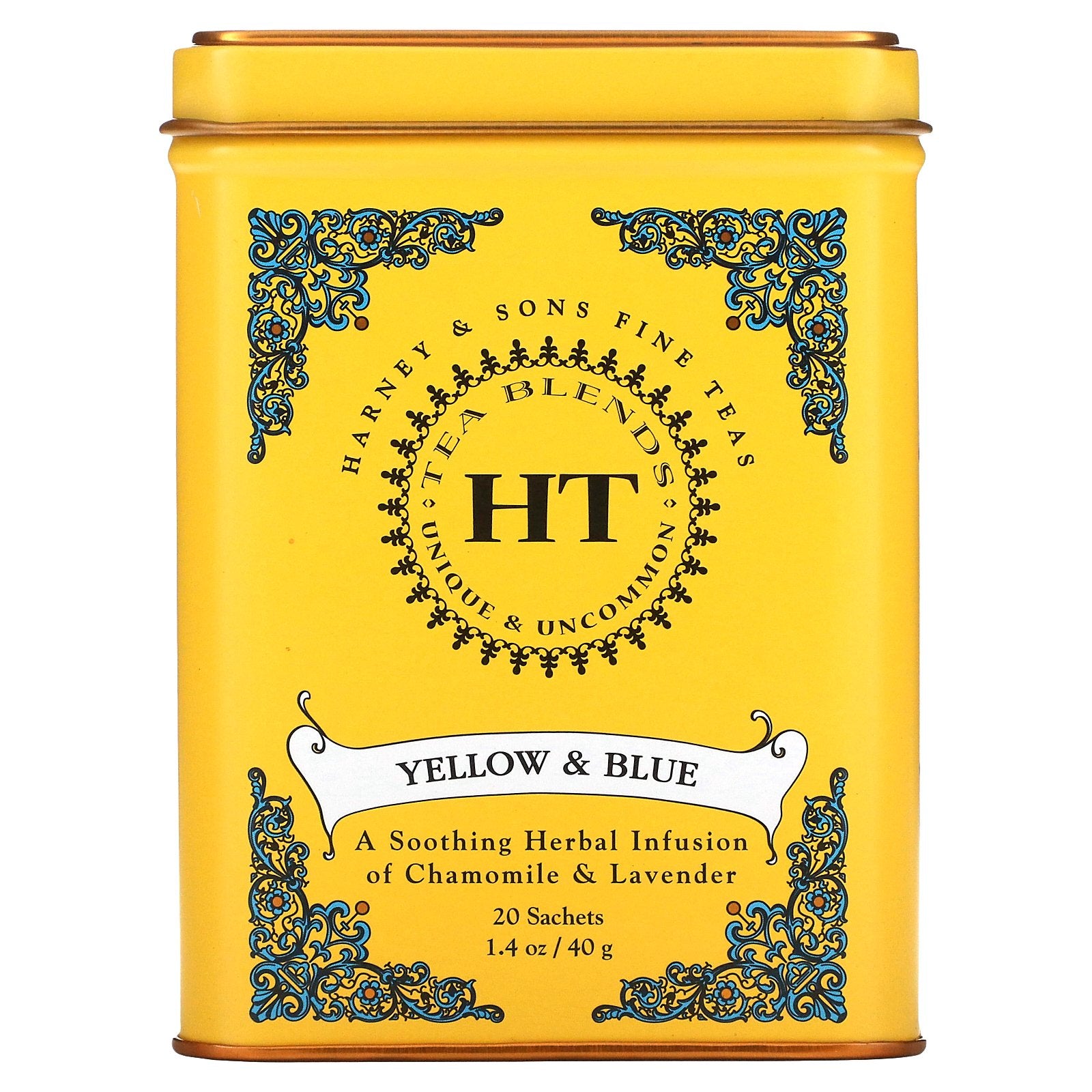 Harney & Sons, HT Tea Blends, Yellow & Blue, Caffeine Free, 20 Sachets, 1.4 oz (40 g)