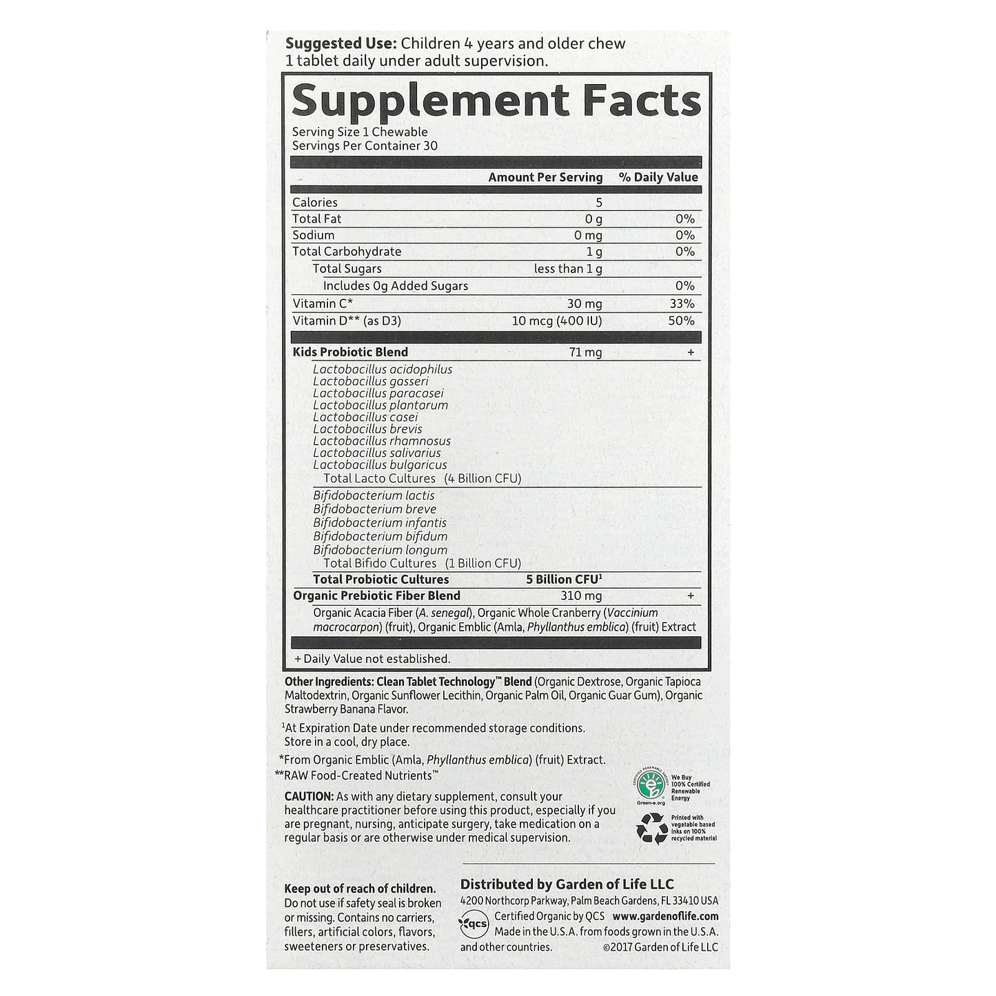 Garden of Life, Dr. Formulated Probiotics, Organic Kids + Chewables, Tasty Organic Strawberry Banana, 30 Yummy Chewables