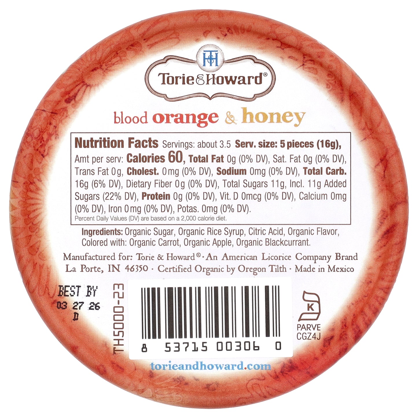 Torie & Howard, Organic Hard Candy, Blood Orange & Honey, 2 oz (57 g)