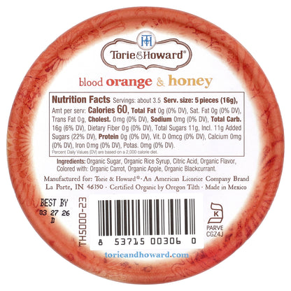 Torie & Howard, Organic Hard Candy, Blood Orange & Honey, 2 oz (57 g)