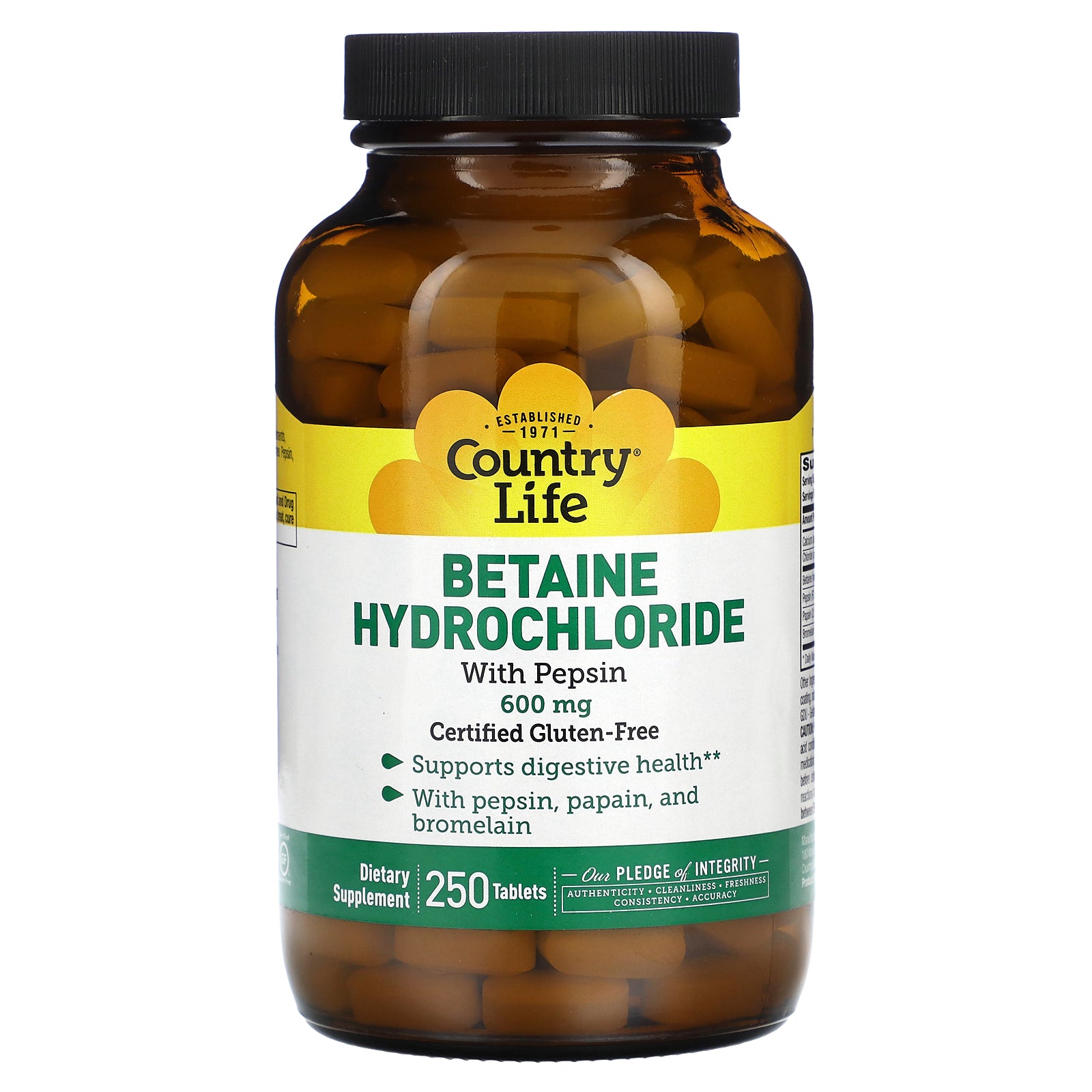 Country Life, Betaine Hydrochloride with Pepsin, 600 mg, 250 Tablets