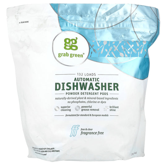 Grab Green, Automatic Dishwasher Powder Detergent Pods, Fragrance Free, 132 Loads, 5 lbs 4 oz (2,376 g)