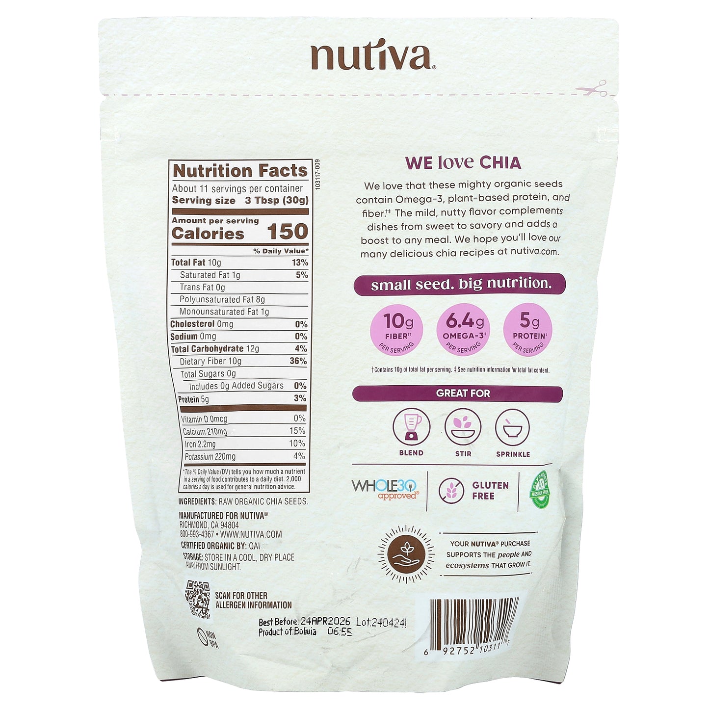 Nutiva, Organic Chia Seeds, 12 oz (340 g)