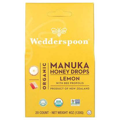 Wedderspoon, Organic Manuka Honey Drops, Lemon With Bee Propolis, 20 Count, 4 oz (120 g)