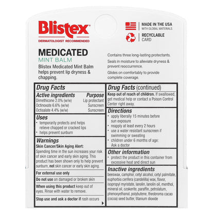 Blistex, Medicated Lip Protectant/Sunscreen, SPF 15, Mint, 0.15 oz (4.25 g)