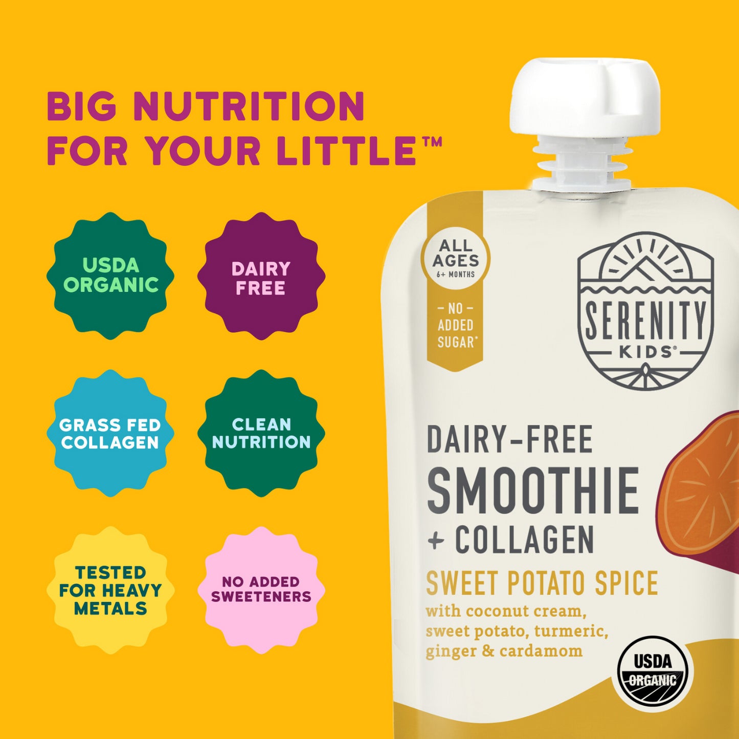 Serenity Kids, Dairy-Free Smoothie + Collagen, Sweet Potato Spice, All Ages 6+ Months, 3.5 oz (99 g)