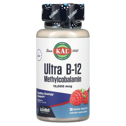 KAL, Ultra B-12 Methylcobalamin, Raspberry, 10,000 mcg, 30 Micro Tablets