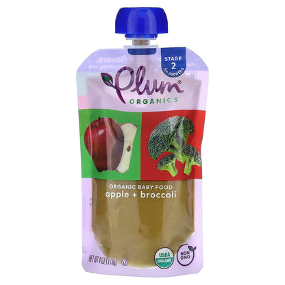 Plum Organics, Organic Baby Food, 6+ Months, Apple + Broccoli, 4 Pouches, 4 oz (113 g) Each