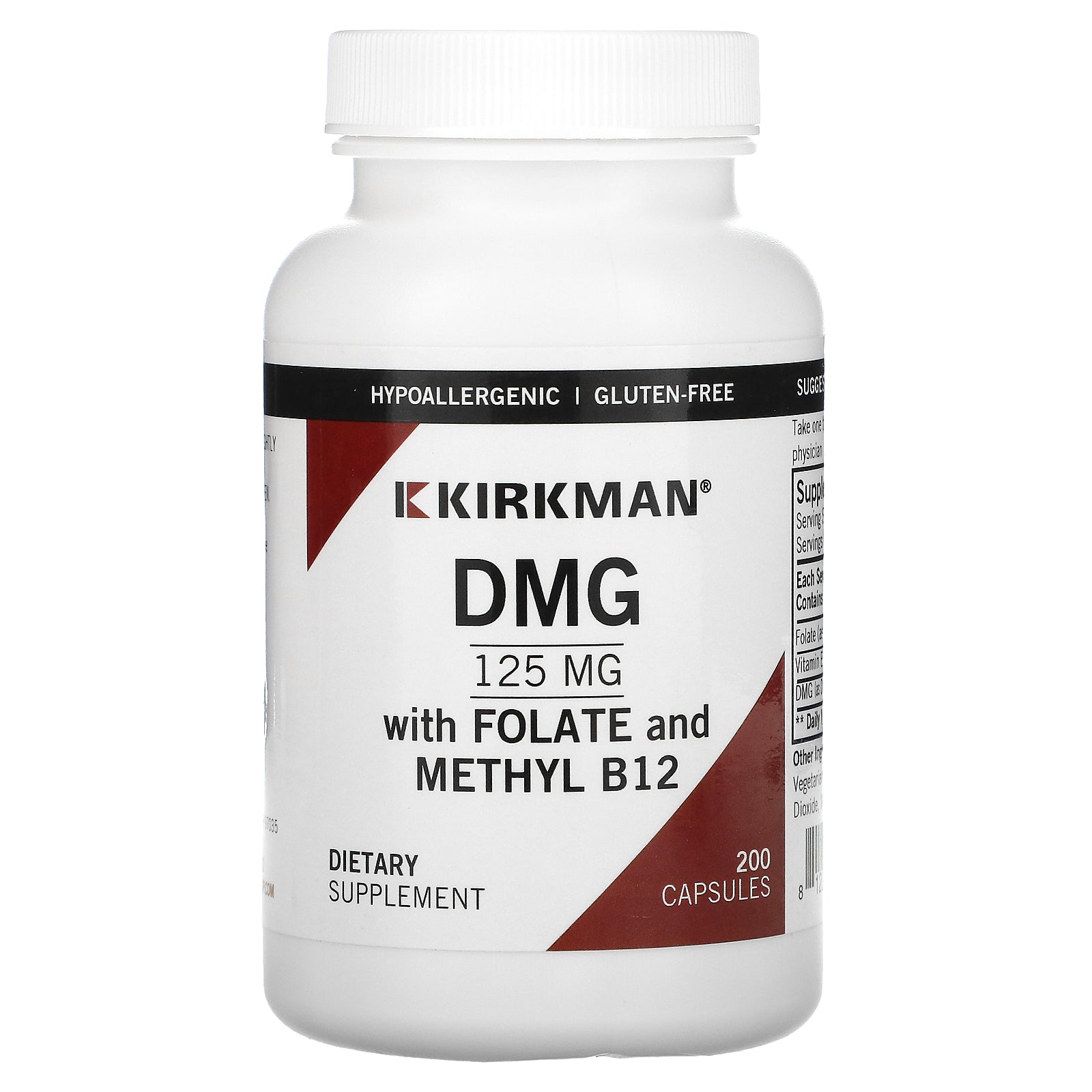 Kirkman Labs, DMG with Folate and Methyl B12, 125 mg, 200 Capsules