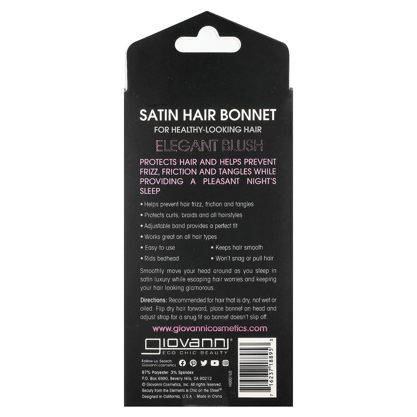 Giovanni, Satin Hair Bonnet, Elegant Blush, 1 Hair Bonnet