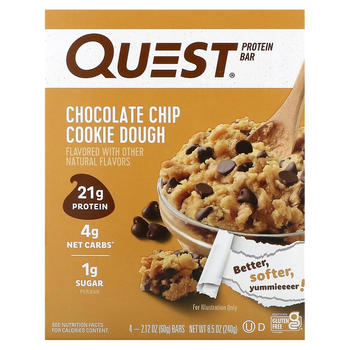 Quest Nutrition, Protein Bar, Chocolate Chip Cookie Dough, 4 Bars, 2.12 oz (60 g) Each